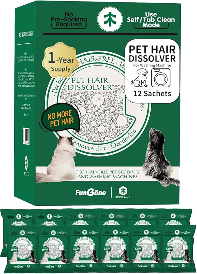 FurGone by Seedshub Pet Hair Dissolver Washing Machine Cleaner Powder, 12 Months Supply, Dog Cat Fur, Stains & Odors Remover for Laundry, Pet-Friendly, Deep Cleaning for HE Top & Front Load,12 Sachets