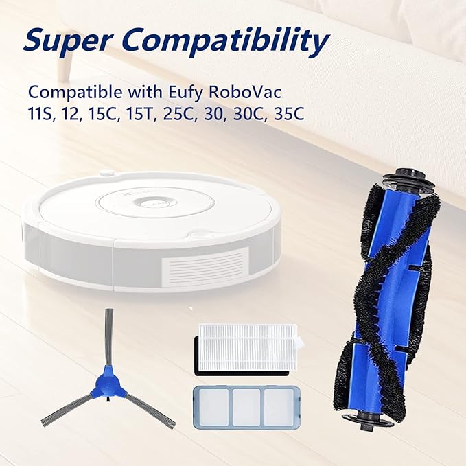CERO 25 Pack Replacement Parts Compatible with Eufy RoboVac 11S, 25C, 15C, 30, 30C, 12, 35C, 15T Robot Vacuums, 2 Rolling Brushes, 10 Filter Sets, 10 Side Brushes, 1 Pre Filters, 1 Protector Cover