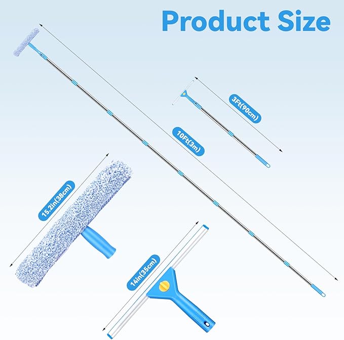 3m Window Cleaner Tool Kit with Long Handle, 35cm Window Washing Squeegee & 38cm Scrubber Cleaning Equipment for High Windows, Shower Glass, Car, RV (Blue)