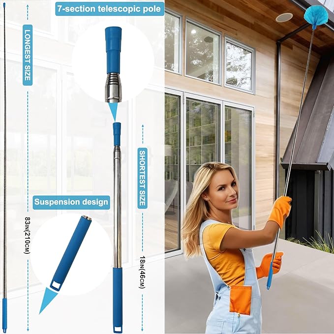 100 Inch Cobweb Duster, Spider Web Brush & Microfiber Feather Duster with 100" Extension Pole, Bendable Head, Scratch-Resistant Cover, Washable Duster for Home Ceiling, Fan, Furniture (Blue)