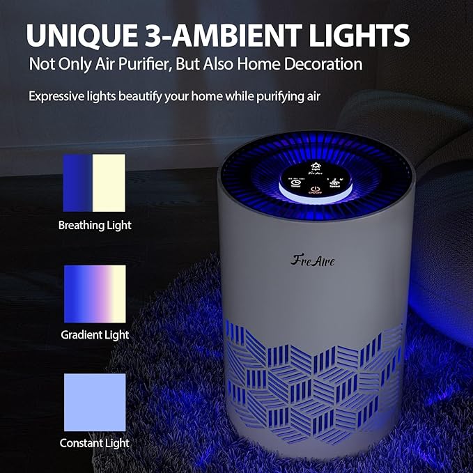 FreAire Air Purifiers for Bedroom Covers Up to 1086 Ft², Air Purifiers for Home, HEPA Air Purifier with Lights, Air Purifier Removes Dust Smoke Pollen Dander Smell, for Home/Pets/Bedroom (White)