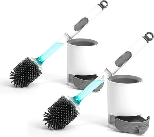 BERGFBV Silicone Toilet Brush and Holder Set, 2 Packs Bendable Toilet Scrubber for Curved Rim, Non-Scratch Drip-Resistant Brush with Sprayer, Space Saving Bathroom Essentials (2)