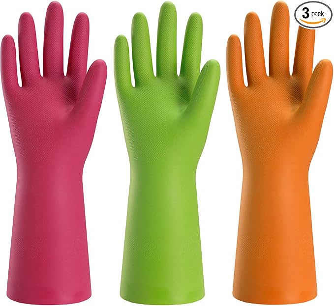 Bamllum 3 Pairs Rubber Cleaning Gloves for Household - Reusable Dishwashing Gloves for Kitchen, Flexible Long-lasting & Waterproof (Small, Green+Red+Orange)