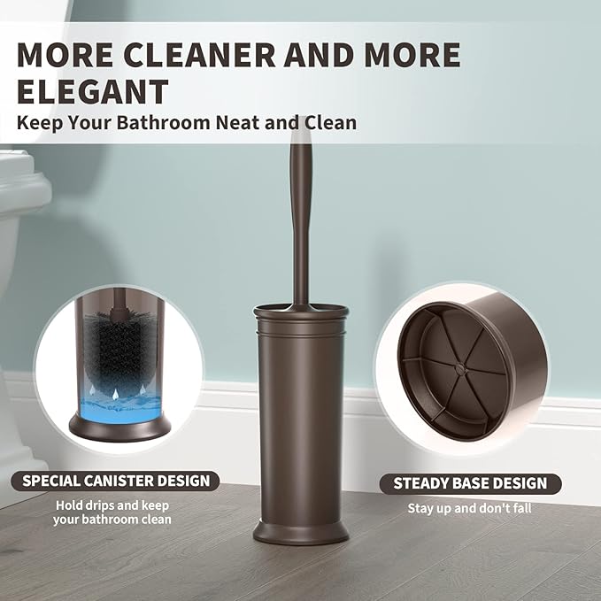 Toilet Brush and Holder 2 Pack, Toilet Bowl Brush with Extra Long Handle, Toilet Scrubber and Covered Holder, Toilet Brushes for Bathroom-Space Saving, Covered Brush, Durable, Deep Cleaning(Bronze)