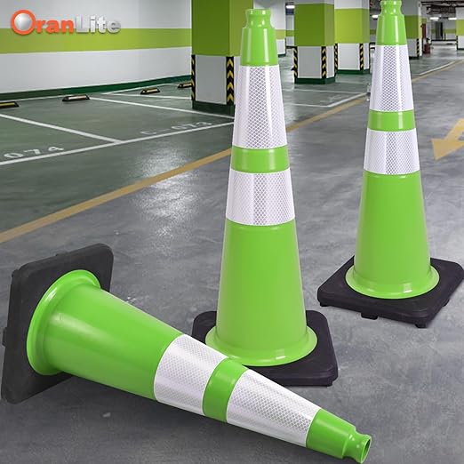 Fluorescent Green PVC Traffic Cones, Heavy Black Base Parking Lot Cone Structurally Stable Weatherproof Road Construction Safety Cones (8, Green, 28" Large)