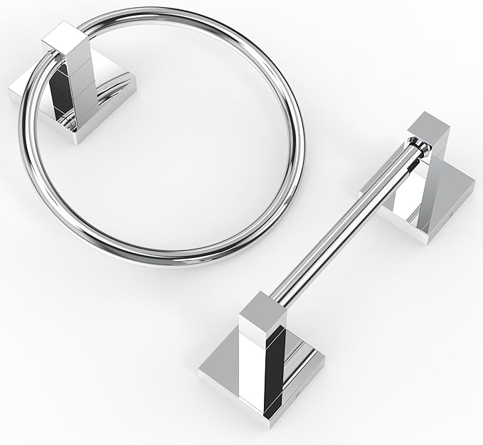 Ruacq Chrome Toilet Paper Holder Towel Ring Bathroom Accessories Hardware Set Double Post Pivoting Toilet Roll Holder Square Stainless Steel and Zinc Alloy Modern Wall Mounted 2 Pieces