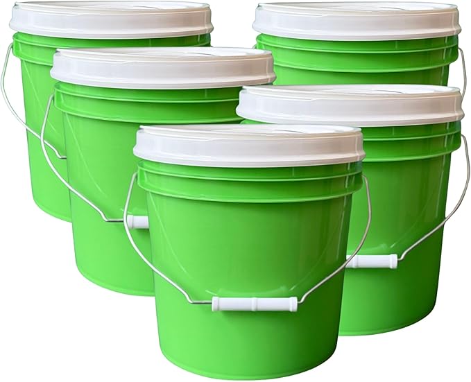 House Naturals 2 Gallon Food Grade - BPA Free Made in USA Buckets Lime Color pails with Screw On Gasket Lids (5, Lime - White lids)