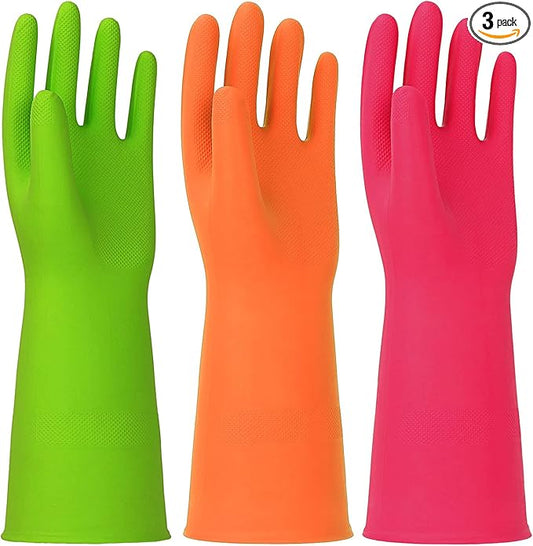 3 Pairs Rubber Cleaning Gloves Latex Free Dishwashing Gloves - 13" Reusable Nitrile Gloves Large, Green+Orange+Red