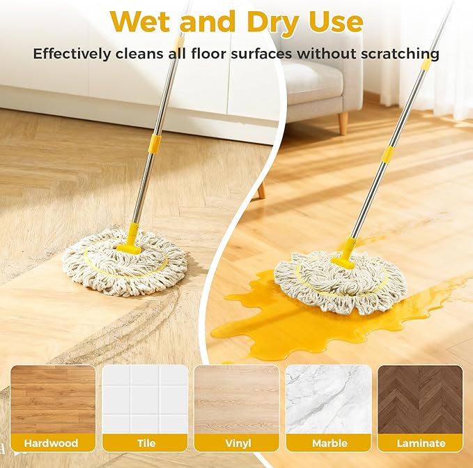 String Wet Mop for Floor Cleaning,Industrial Cotton Mop with Long Handle, Regular Mops for House Kitchen Bathroom Garage Office Hardwood Concrete Tile Floors,Yellow