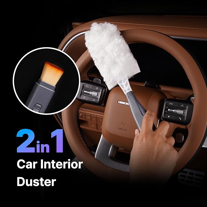 KMMOTORS 2-in-1 Full Circle Car Duster – Soft Microfiber Duster with Hidden Brush, Extendable Handle, 360° Cleaning, 10 Refills & Storage Bag Included. Ideal for Dash & Interior (Main Unit_Gray)