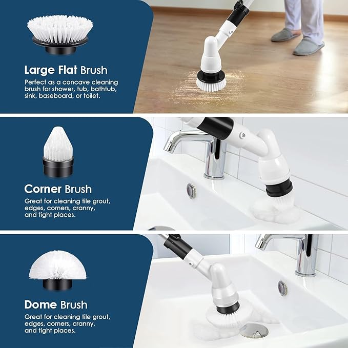 Electric Spin Scrubber | Cordless Power Cleaning Brush | 3 Replaceable Heads, Adjustable Extension Handle | for Bathroom, Floor Tile, Car & Grout