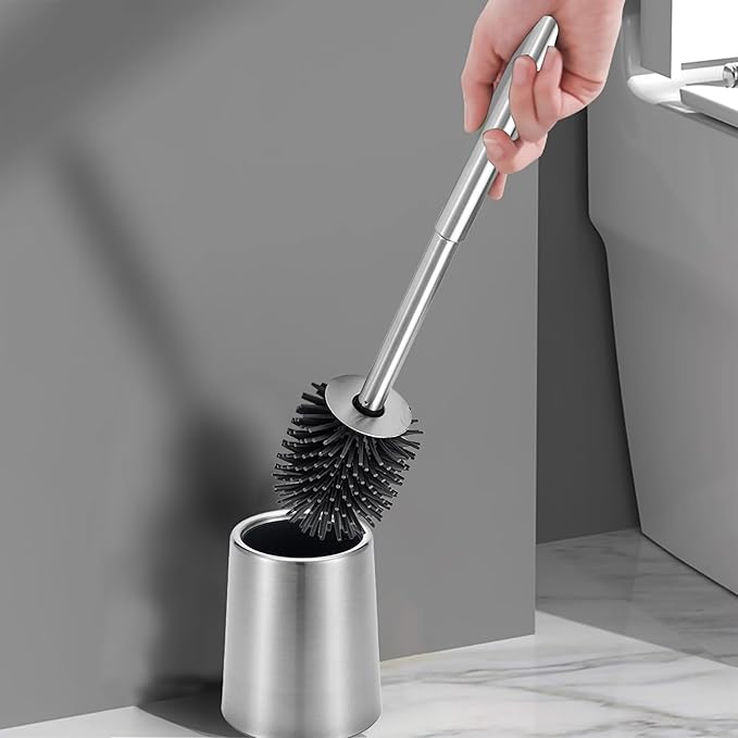 SOPRANNOMIN SUS304 Stainless Steel Toilet Brush and Holder Silicone Bathroom Brush TPE Brush Head Toilet Cleaner for Bowl Bathroom Cleaning Brush Caddy Cepillo de Baño Brushed Silver
