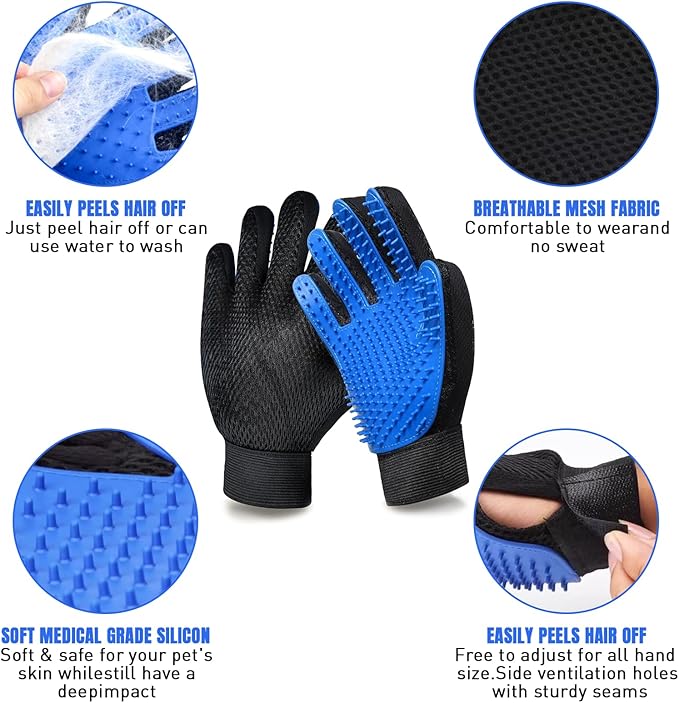 VUDANZYER Cat & Dog Grooming Gloves for Shedding, 4PCS Efficient Deshedding Pet Grooming Gloves for Dogs with 1PCS Pet Hair Remover Gloves, Cats & Horses with Long & Short Fur