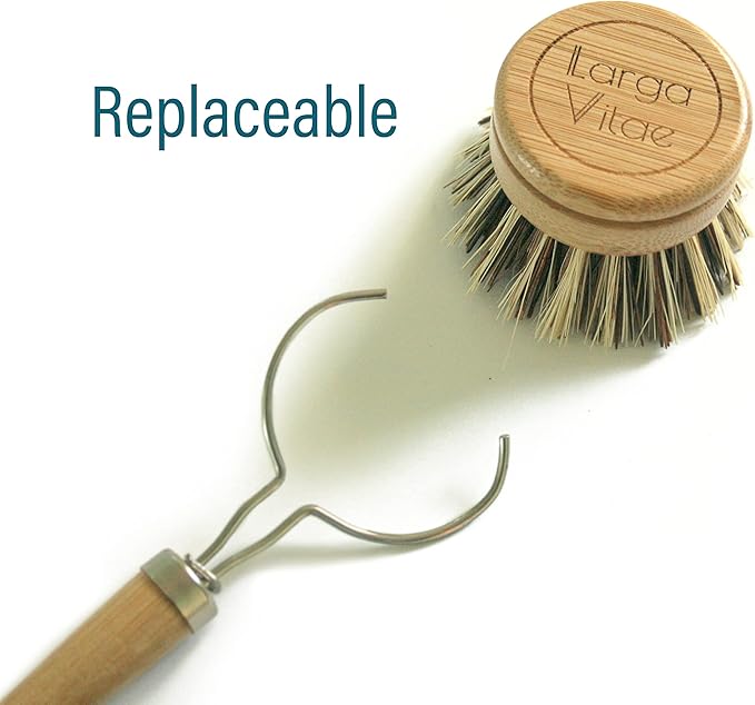 Larga Vitae 6 pcs Wooden Dish Brush Replacement Heads Made of Renewable Bamboo Wood and Natural Bristle Fiber, Durable, Long Lasting (Palm/Coconut Fiber Bristles)