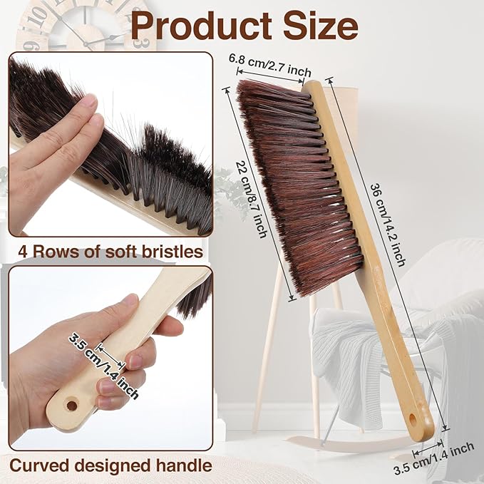 PercyEffie 8 PCS Wooden Dust Brush Bulk, Hand Broom Bench Brush with Long Wood Handle Whisk Broom, Soft Bristle Brushes for Counter/Bed/Sofa,Car/Clothes/Fireplace(Brown)