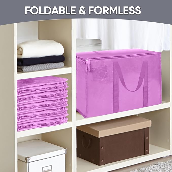 TICONN 6 Pack Extra Large Moving Bags with Zippers & Carrying Handles, Heavy-Duty Storage Tote Moving Boxes for Space Saving (6 Pack, Pink)