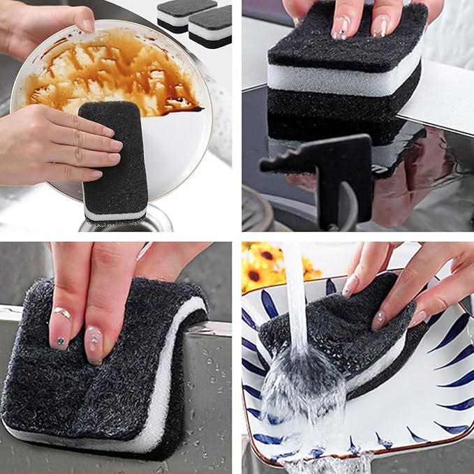 Kitchen Cleaning Sponges, 6 Pack Heavy Duty Scrub Sponges Cleans Fast Non-Scratch Sponge for Washing Dishes and Cleaning Kitchen (Black)