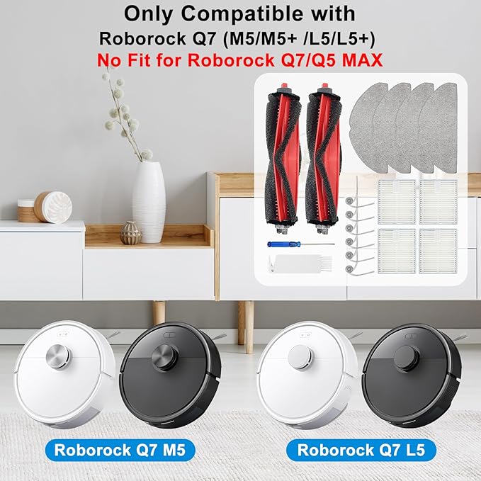 BEBEMOR Q7 M5 Replacement Parts for Roborock Q7 M5+, L5/L5+Series Robot Vacuum Accessories，2 Main Brush+4 Filter+4 Mop Pads+6 Side Brush,1 Clean Tool,1 Screwdriver 18PCS