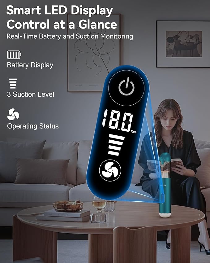 Mayking 5-in-1 Car Vacuum Portable Cordless, Handheld Vacuum with White LED & Red Flash, 115W 18000Pa High Power, 3 Suction Modes, Mini Vacuum Cleaner with LED Display for Car Home Keyboards