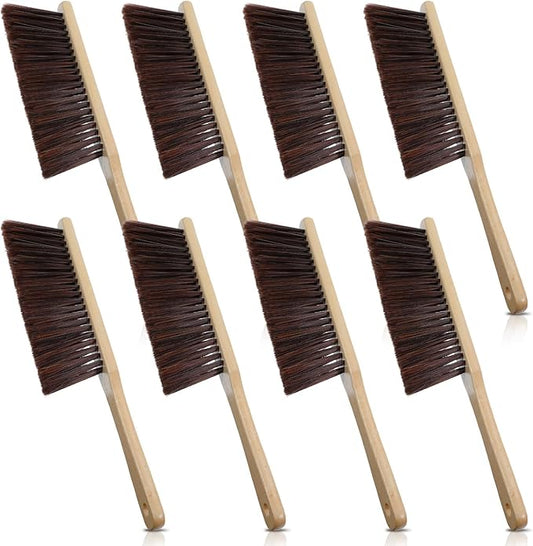 PercyEffie 8 PCS Wooden Dust Brush Bulk, Hand Broom Bench Brush with Long Wood Handle Whisk Broom, Soft Bristle Brushes for Counter/Bed/Sofa,Car/Clothes/Fireplace(Brown)