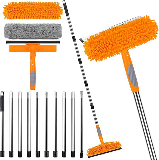 Window Squeegee Cleaner Tool with Extension Pole: 2-in-1 Window Cleaning Kit - 86.6 Inch Telescopic Long Window Cleaning Tool for High Windows Glass with 2 Microfiber Cloth & Squeegee Blade