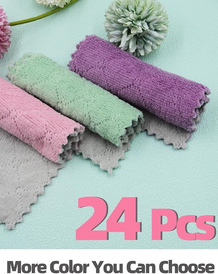 24PCS Kitchen Dishcloth, Microfiber Washcloth, Soft Cleaning Cloths, Coral Fleece/Lint Free/Absorbent/Quick Dry/Nonstick Oil Rags, Reusable Washable Tea Towel, 6''x10'‘ (Green)