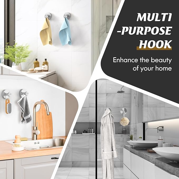 MOTAIPEAK Suction Cup Hooks for Shower,Removable Shower Towel Suction Hooks for Bathroom Wall,Kitchen,Glass,Mirror,Tile to Hang Robes,Loofah-Silver(2-Pack)