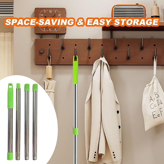 Xifando Mop Handle Replacement - 4-Section Adjustable from 30" to 58" - Durable Stainless Steel Mop Pole with American Thread Joint for Spin Mops & Brooms (Green)