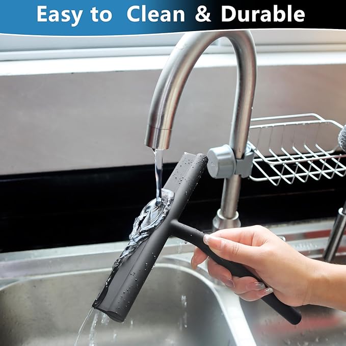 DEOFUXT Shower Squeegee for Glass Doors, Full Silicone Jacketed Squeegee with Ergonomic Handle & No-Drill Hook, Cleaning Tool for Windows, Mirrors, Tiles, Bathroom & Car - Black