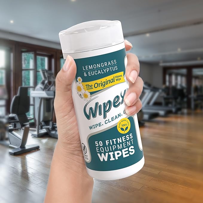 Wipex Original Fitness Equipment Wipes - Plant Based Gym Wipes for Equipment, Yoga Mat Cleaner, Peloton Cleaner, Exercise Machines, Natural w/Lemongrass, Eucalyptus & Vinegar, 50 Count (Pack of 12)