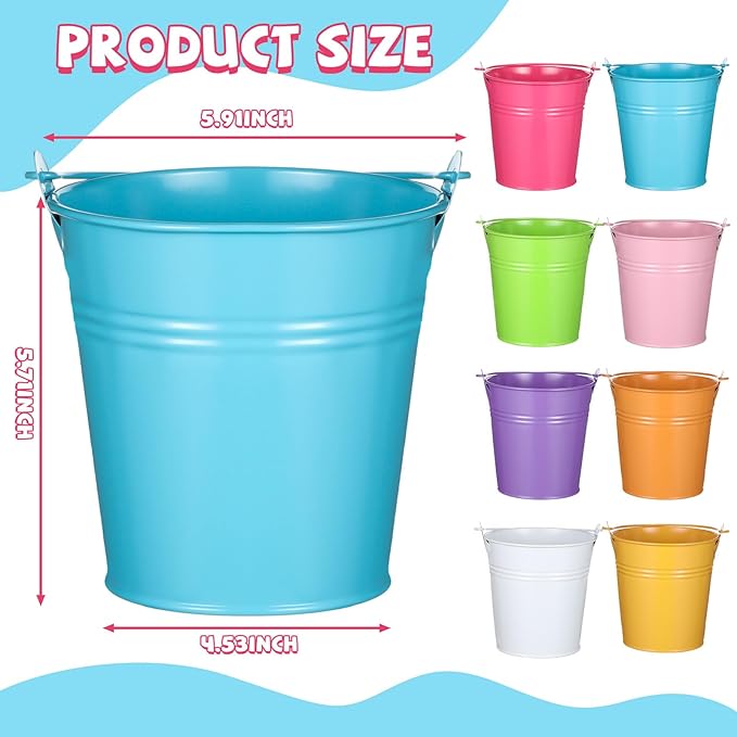Therwen 24 Pieces Small Metal Buckets Colored Galvanized Bucket Round Metal Pail for Kids Classroom Candy Crafts,Utensils, Vase Party Favor(with Handle,5.71 Inch)