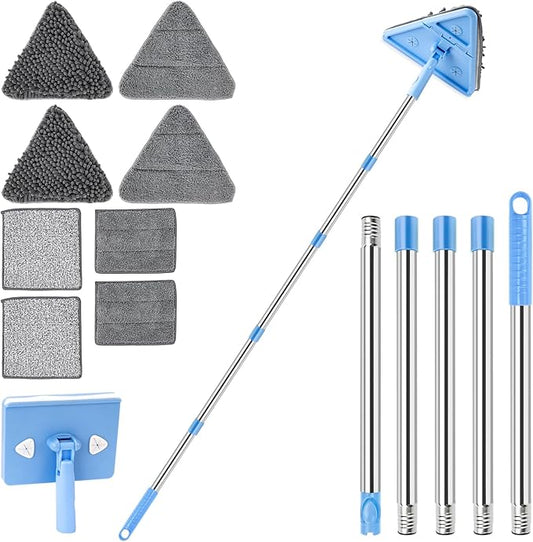 CALBEAU Wall Cleaner Mop with Long Handle 86 Inches, 4-in-1 Ceiling Cleaning Tool Duster with 8 Replacement Microfiber Chenille Pads for Walls, Baseboard, Ceiling, Window, Floor, Cabinet (Light Blue)