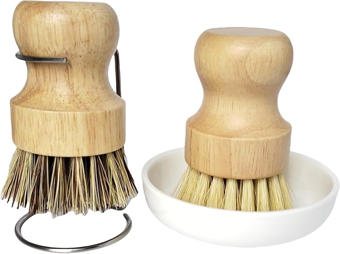 Bamboo Palm Pot Brush.Kitchen Mini Round Dish Brush,Natural Scrub Brush Cleaning Kit for Skillet,Washing Dishes,Vegetables,Pots, Pans. (1x Hard Bristle+1x Sisal with Ceramics Base,Draining Rack)