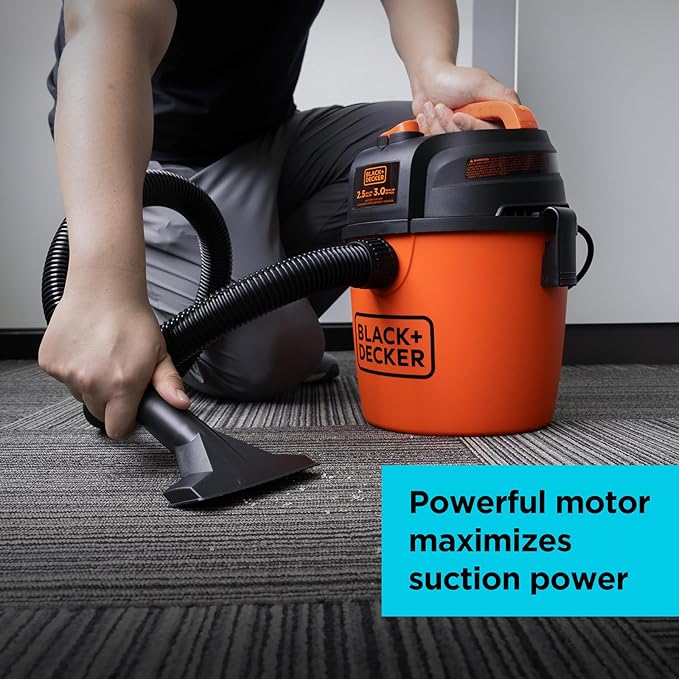 BLACK+DECKER 2.5 Gallon Shop Vac, 3 Peak HP Wet Dry Vacuum with Powerful Suction, Portable for Garage Car and Home Use, Pet Hair Cleaning, Accessories Included, BDXV18134PA