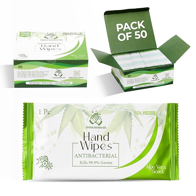 50 Premium Individually Wrapped Hand Wipes – Travel Size Hand Wipes with Aloe Vera & Glycerin, Soft Viscose Wipes, Portable Hand Cleaning Wipes for Home, Travel & Office