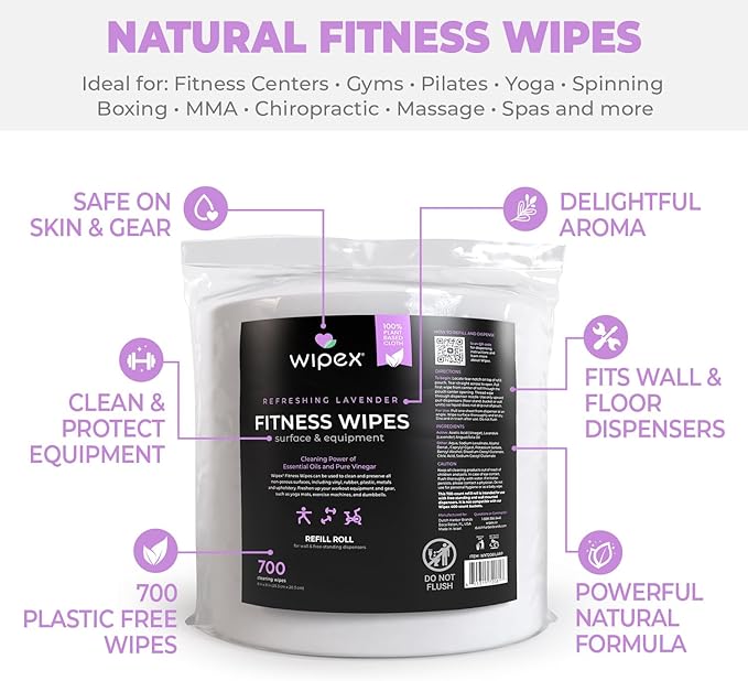 Wipex Gym Wipes for Equipment - 700 Count, Pack of 2 - Lavender Essential Oil Infused Gym Equipment Cleaner with Plant-Based Cloth & Cleaning Vinegar - 8x8 Refill Rolls
