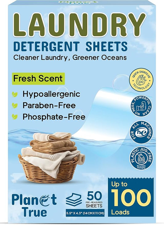 Eco-Friendly Laundry Detergent Sheets – 100 Loads (50 Sheets) Fresh Scent – Concentrated, Quick-Dissolve, Travel-Friendly & Hypoallergenic – No Phosphate, Bleach or Dyes