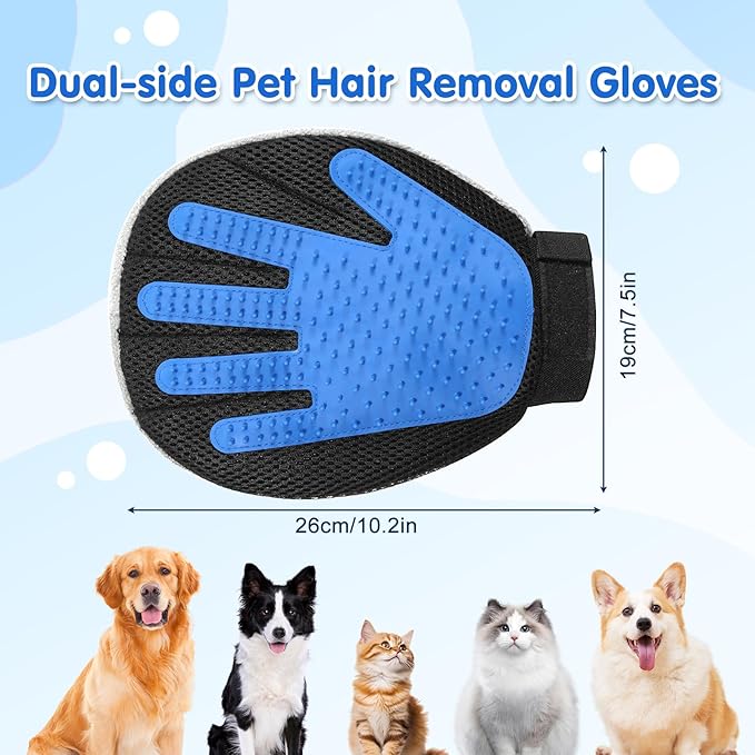 Pawaboo Pet Hair Removal Glove, Dual-Side Electrostatic Hair Removal & Silicone Fur Brush for Dogs and Cats, Reusable Five-Finger Pet Fur Grooming Glove for Couch Carpet Clothes Laundry, Blue & Grey