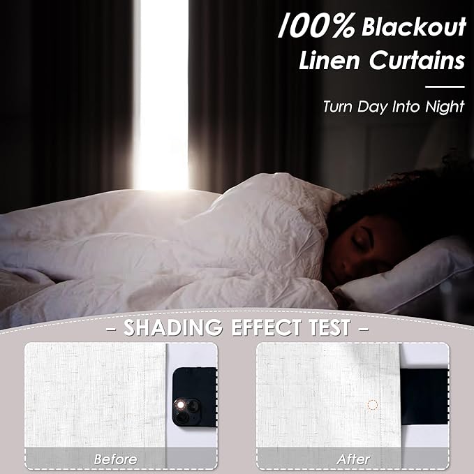 Natural Linen 100% Black Out Curtains 108 Inches Long 2 Panels Set for Bedroom Cream Ivory Pinch Pleated Thermal Insulated Energy Efficient Curtains Living Room High Ceiling Length 9 FT Feet