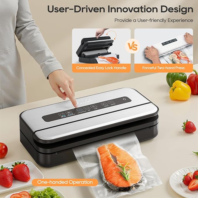 Vacuum Sealer Machine, 90Kpa Food Vacuum Sealer Machine Preservation Dry/Moist/Liquid Modes, LED Indicator Light, Handle Locked Design, Built-in Cutter and Bag Storage, Starter Kit