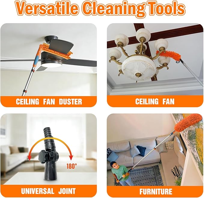 LAANPOLE 20FT Reach Ceiling Fan Cleaner Duster, Fan Blade Cleaner Kit with 3-12FT Extension Pole, Microfiber Duster & Replaceable Cleaning Cloth for Blades, Ceiling, Furniture