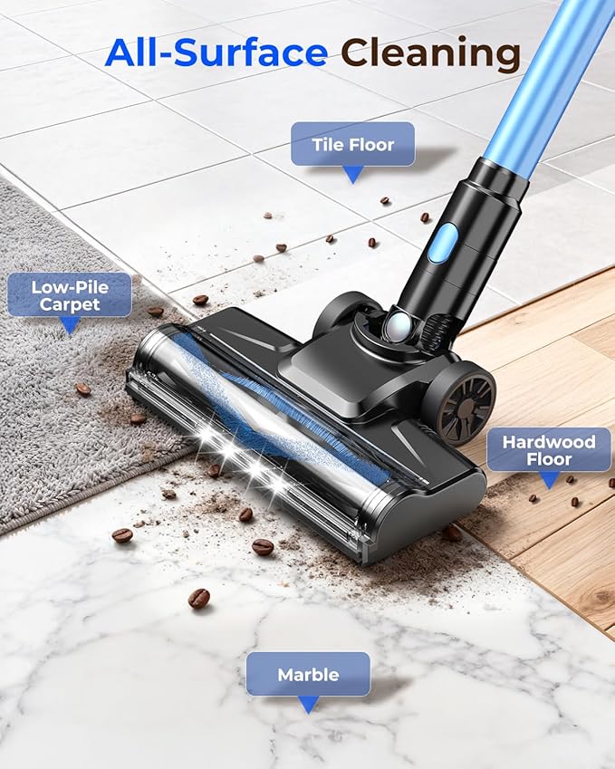 N8 Cordless Vacuum Cleaner,Lightweight Stick Vacuum with Powerful Suction,2200mAh Battery, 40 Mins Runtime,Self-Standing,Rechargeable Vacuum Cleaners for Home Hardwood Floor Carpet Pet Hair (Azure)