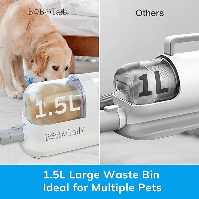 Bobotails Pet Grooming Vacuum Kit, 1.5L Dust Cup Dog Grooming Vacuum 8 in 1, Dog deshedding Brush with Clipper Low Noise Mess-Free for Shedding Pet Hair, Home Cleaning (White)