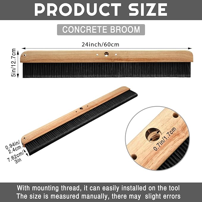 Yiyiring 2 Pack 24 Inch Concrete Broom Finishing Tools Wood Backed, Polypropylene Bristles Brush Push Brooms Without Handle for Concrete Finishes Hard Floors