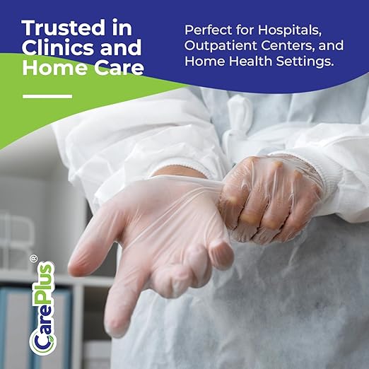 CARE PLUS Vinyl Gloves Clear Extra Large Size 100 Count | Heavy Duty, Non-Sterile, Powder-Free, Latex-Free Rubber | Food Prep, Kitchen & Cleaning Gloves, Ideal for Professional Use