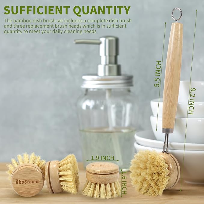 ÖkoStamm Bamboo Dish Brush with Long Handle - Natural Dish Scrubber Brush Set Includes 4 Replacement Brush Heads, Sisal Bristle Bamboo Brush for Dishes, Pans, Pot, Fruit and Veggie