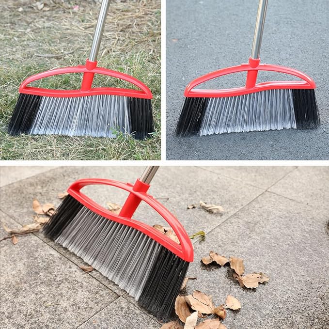 MuLing Heavy Duty Outdooor Broom - 15.7" Wide Broom with Wide Angle Design, Long Handle & Powerful Stiff Bristles for Patio, Garden, Garage, Yard (Red)