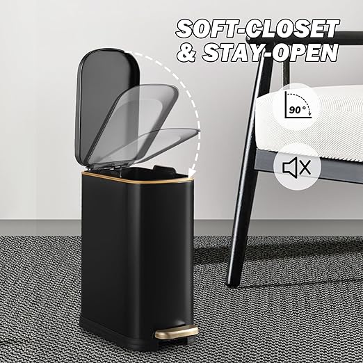 ELPHECO Bathroom Trash Can with Lid Soft Close, 3.5 Gallon / 13.5 Litre Stainless Steel Pedel Garbage Can with Removable Inner Bucket, Wastebasket for Bathroom, Office, Bedroom, Matte Black