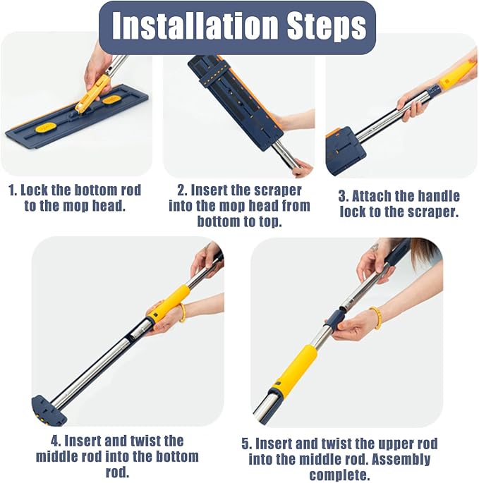 Large Flat Mop with Folding Bucket – Self-Wringing Floor Mop Set with 54" Stainless Steel Handle, 6 Reusable Microfiber Pads, 360° Swivel Head for Home Cleaning on Tile, Wood, Laminate (A-Blue)