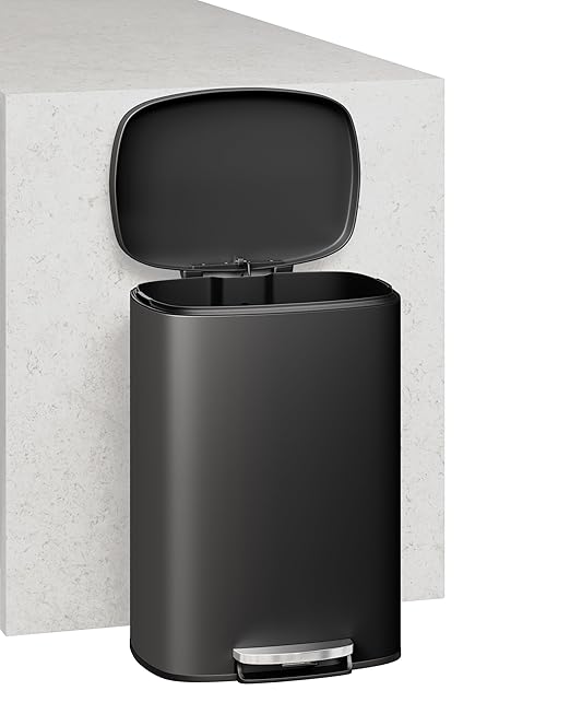 Garvee 13 Gallon / 50 Liter Metal Kitchen Trash Can with Lid, Large Rustproof Garbage Can for Kitchen, Step-on Trash Bin with Inner Bucket, Rear Handle, Soft Close Lid, Black